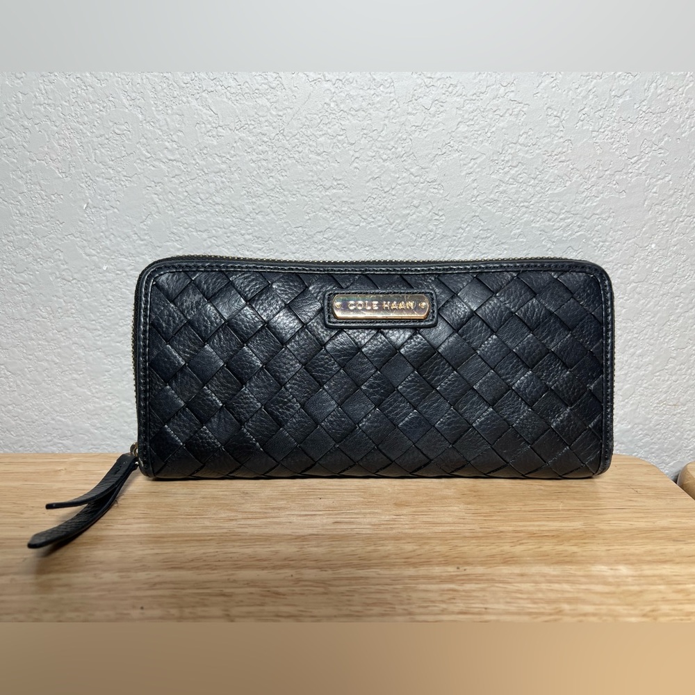 Cole Haan black woven leather zipper wallet clutch